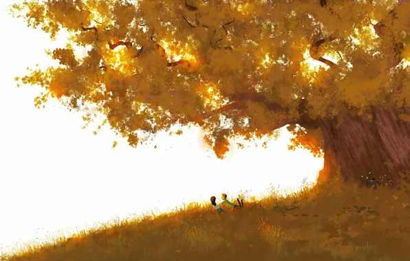 Girl, tree, art, pair, guy, crown, painted landscape