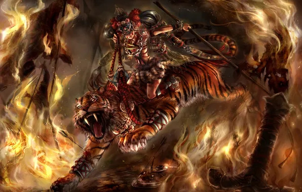 Girl, tiger, fire, predator, sword, art, arm