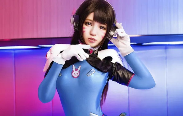 Picture long hair, model, women, cosplay, Overwatch, looking at viewer, D.Va, parted lips