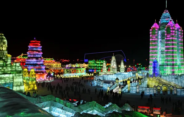 Night, lights, China, Harbin, the festival of ice and snow