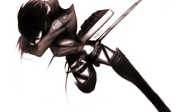 Picture girl, weapons, art, white background, Mikasa Ackerman, Attack Of The Titans, Mikasa Ackerman