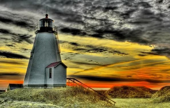 The sky, clouds, shore, lighthouse, hdr, glow