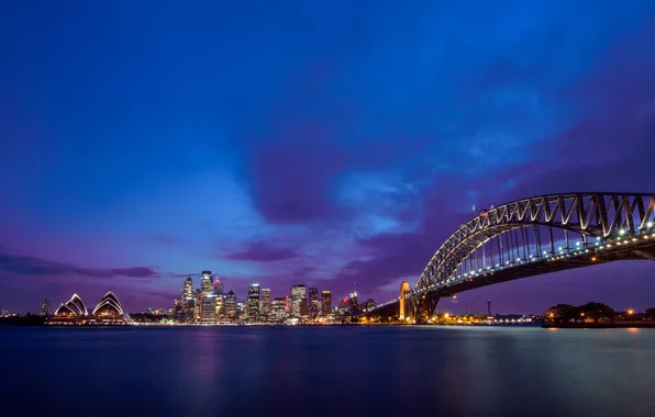 Bridge, the city, lights, Strait, the evening, Central Business District, Sydney CBD, the Sydney Opera …