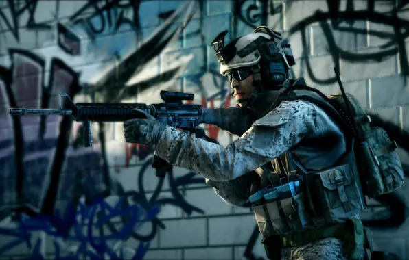 Wall, Warrior, Soldiers, Weapons, Equipment, Grafiti, Battefield 3