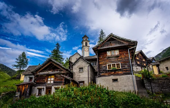 Picture forest, the sky, clouds, trees, mountains, home, Switzerland, slope