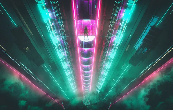 Girl, Music, The building, Background, Lift, Cyberpunk, Synth, Retrowave