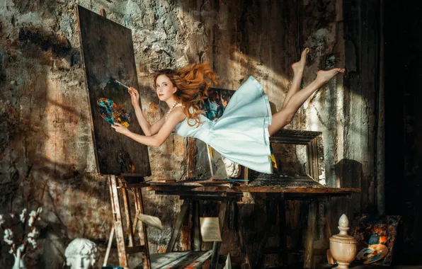 Look, girl, light, flight, wall, feet, paint, frame
