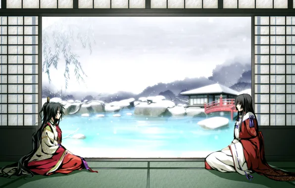 Picture winter, snow, bridge, pond, girls, kimono, game, g yuusuke