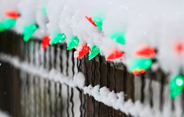 Winter, snow, lights, the fence, fence, green, red, garland