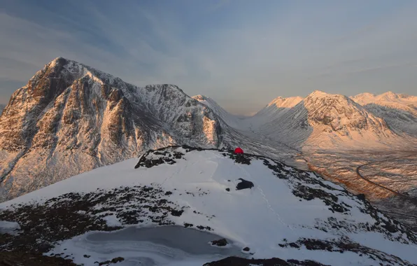 Picture winter, snow, mountains, tops, tent, tourism