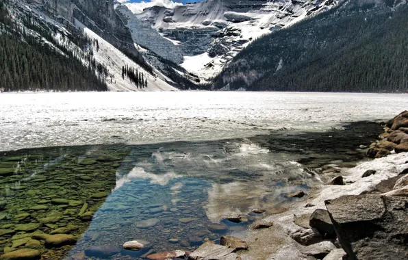 Ice, water, mountains, reflection, stones