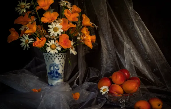 Flowers, the dark background, table, chamomile, bouquet, fabric, vase, fruit