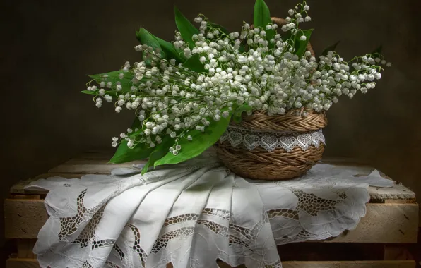 Wallpaper flowers, napkin, bouquet, box, basket, white, leaves, still life