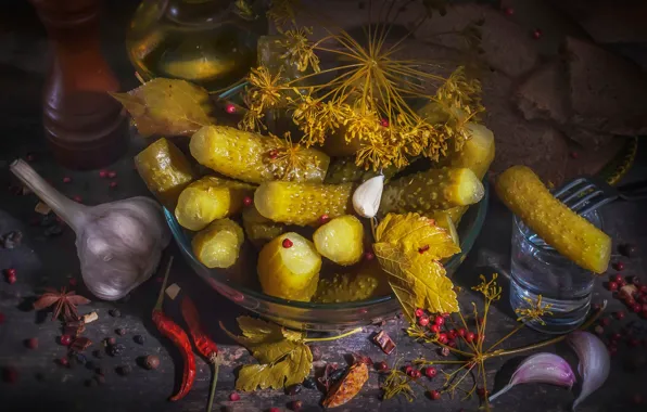 Dill, bread, pepper, garlic, appetizer, pickles, Vladimir Volodin, a glass of vodka on the table