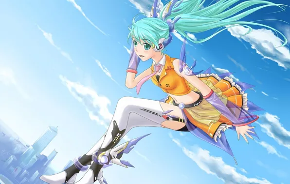 Girl, clouds, the city, art, vocaloid, hatsune miku, Vocaloid, in the sky