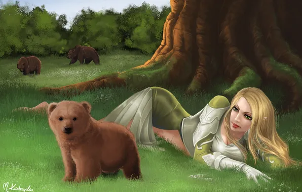 Picture forest, girl, trees, elf, bears, art, bear, bear