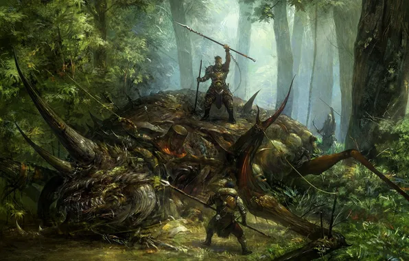 Picture forest, trees, monster, paws, bow, horns, spear, warriors