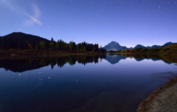 The sky, stars, light, mountains, lake, reflection, mirror, silhouette