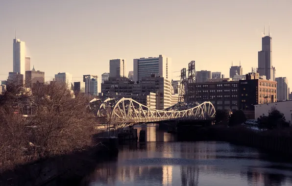 Autumn, bridge, river, skyscrapers, Chicago, chicago