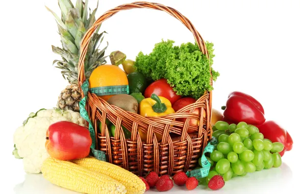 Basket, apples, orange, corn, kiwi, strawberry, berry, grapes