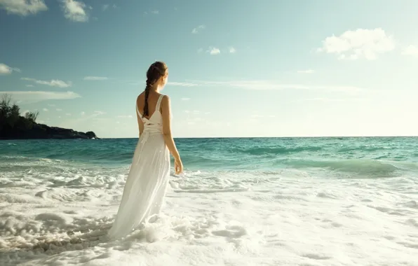 Picture sea, wave, the sky, girl, back, dress