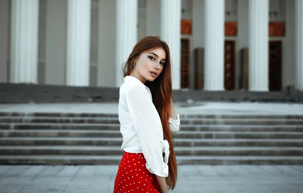 Look, background, model, the building, skirt, portrait, makeup, hairstyle
