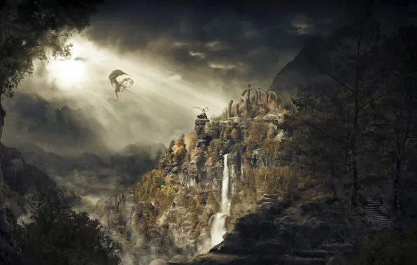 Picture mountains, dragon, waterfall, skyrim, dragonborn