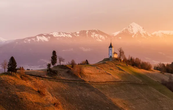 Picture light, mountains, the evening, morning, Church