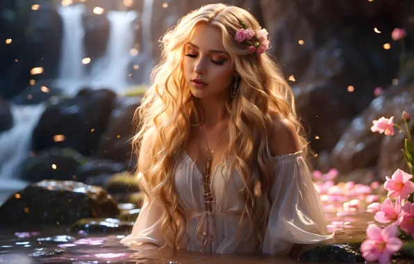 Picture chest, girl, flowers, nature, eyelashes, waterfall, makeup, dress