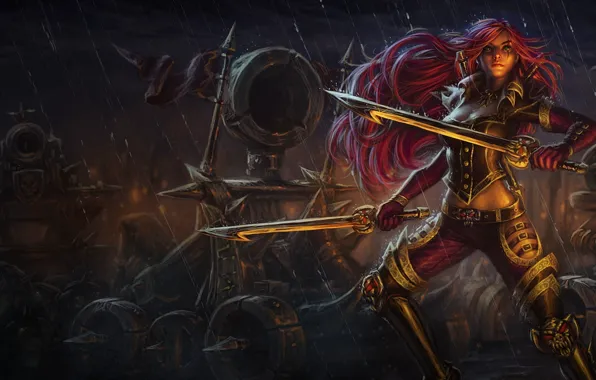 Picture girl, weapons, rain, sword, League of Legends, catapult