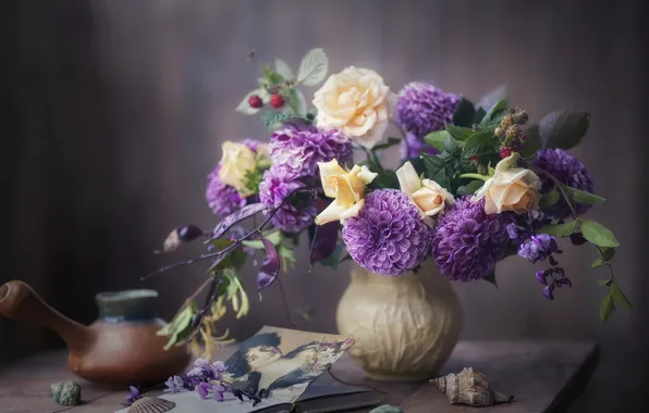 Flowers, raspberry, roses, bouquet, vase, shell, still life, lilac