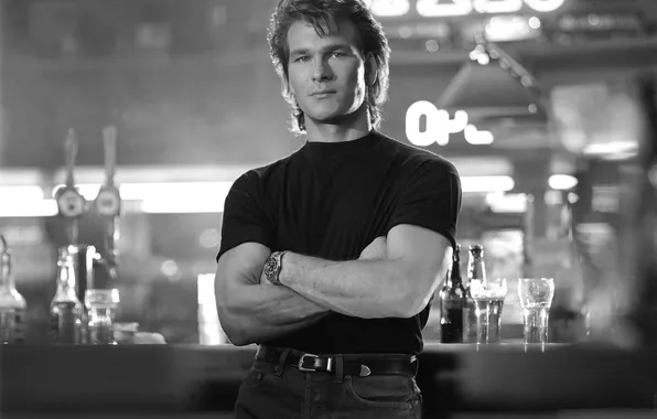 Pose, bar, Patrick Swayze, Patrick Swayze, black and white, Dalton, Dalton, Road House