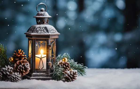 Winter, snow, night, Christmas, lantern, New year, Christmas, night