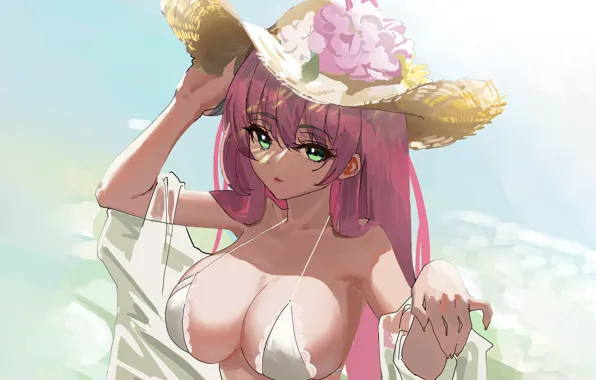 Girl, sexy, cleavage, pink hair, green eyes, long hair, boobs, anime