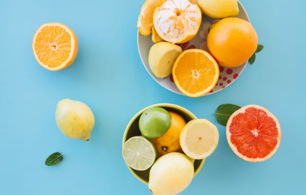 Leaves, oranges, lime, citrus, different, lemons, blue background, grapefruit