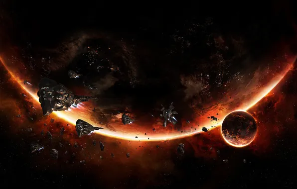 Planet, glow, asteroids, Navy, fire, Armada, spaceships, EVE online