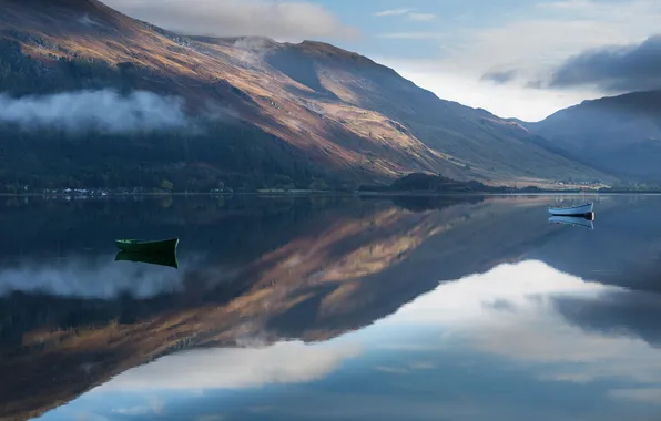 The sky, clouds, mountains, lake, boat