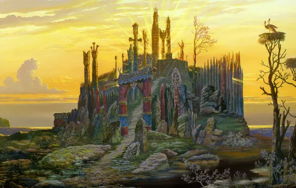 Sunset, lake, socket, the sun's rays, storks, the elder, Vsevolod Ivanov, Slavic painting