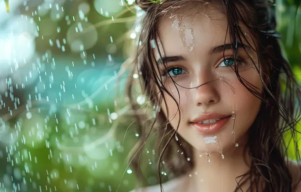Look, water, girl, drops, squirt, face, pose, smile