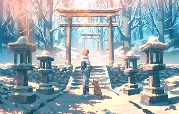 Winter, girl, snow, trees, ladder, tiger, torii