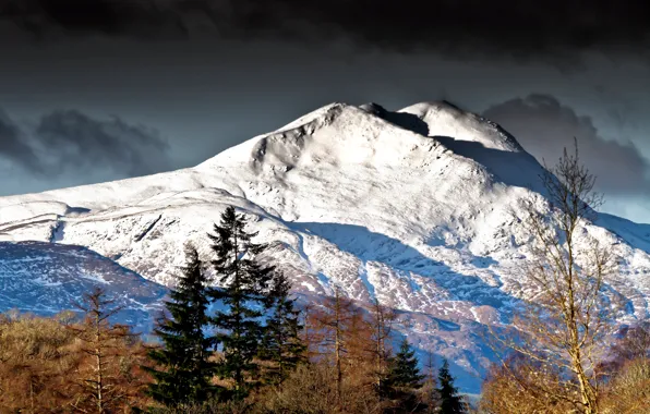 The sky, snow, trees, mountains, clouds, the slopes, tops