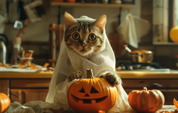 Cat, cat, pose, outfit, pumpkin, Halloween, face, Ghost