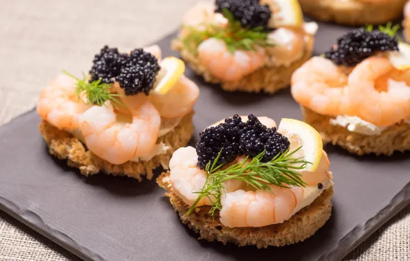 Lemon, bread, sandwich, caviar, shrimp