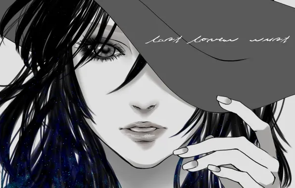 Picture look, blue, text, Shine, Girl, hat, bangs, Monochrome