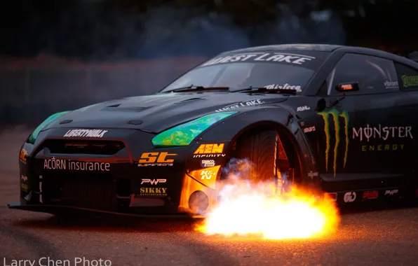 Fire, flame, Nissan, GT-R, drift, Monster Energy, R35, Larry Chen