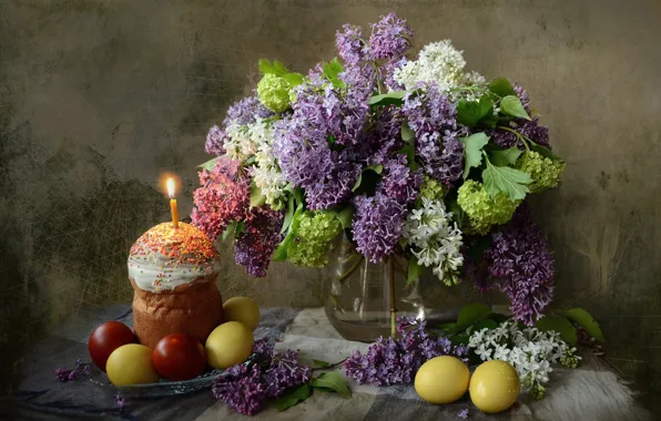 Branches, holiday, candle, eggs, Easter, cake, lilac, Easter