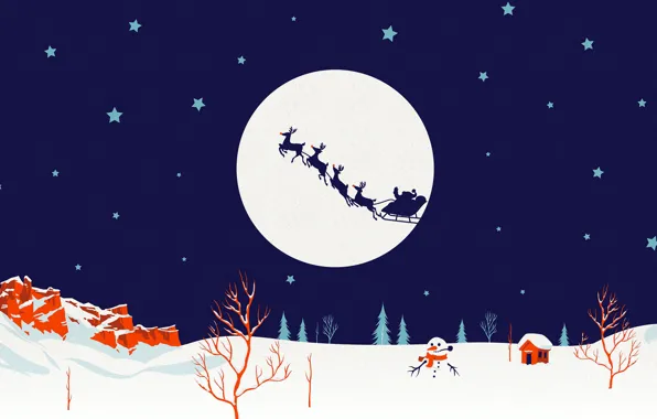 Winter, the moon, silhouette, Christmas, Santa, snowman, sleigh, deer