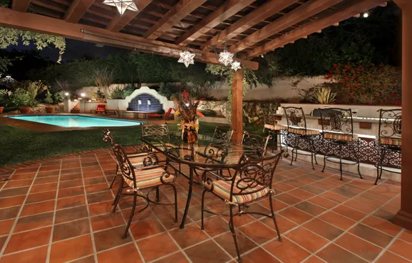 Picture night, design, lights, table, tile, chairs, pool, garden