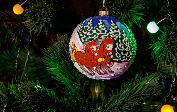 Picture balls, decoration, branches, horse, holiday, balls, horse, toy