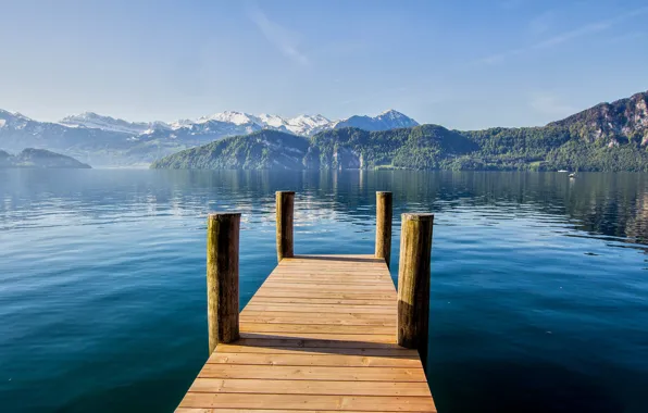 Picture mountains, lake, calm, the bridge, Switzerland, Weggis, Canton of Lucerne, care